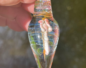 Spirit Ascension, with rainbow bridge and opal dust. Pyrex Glass Necklace Pendant. My pendants come with a necklace and in a drawstring bag