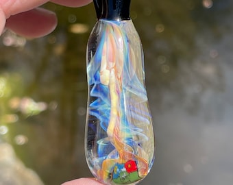 Spirit Ascension, with Albert Hofmann Bicycle Day Blotter Art Murrini. Pyrex Glass Necklace Pendant, handmade in Asheville NC.