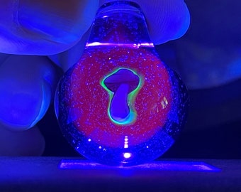 UV reactive, small glass psychedelic mushroom pendant with dichroic glass backing