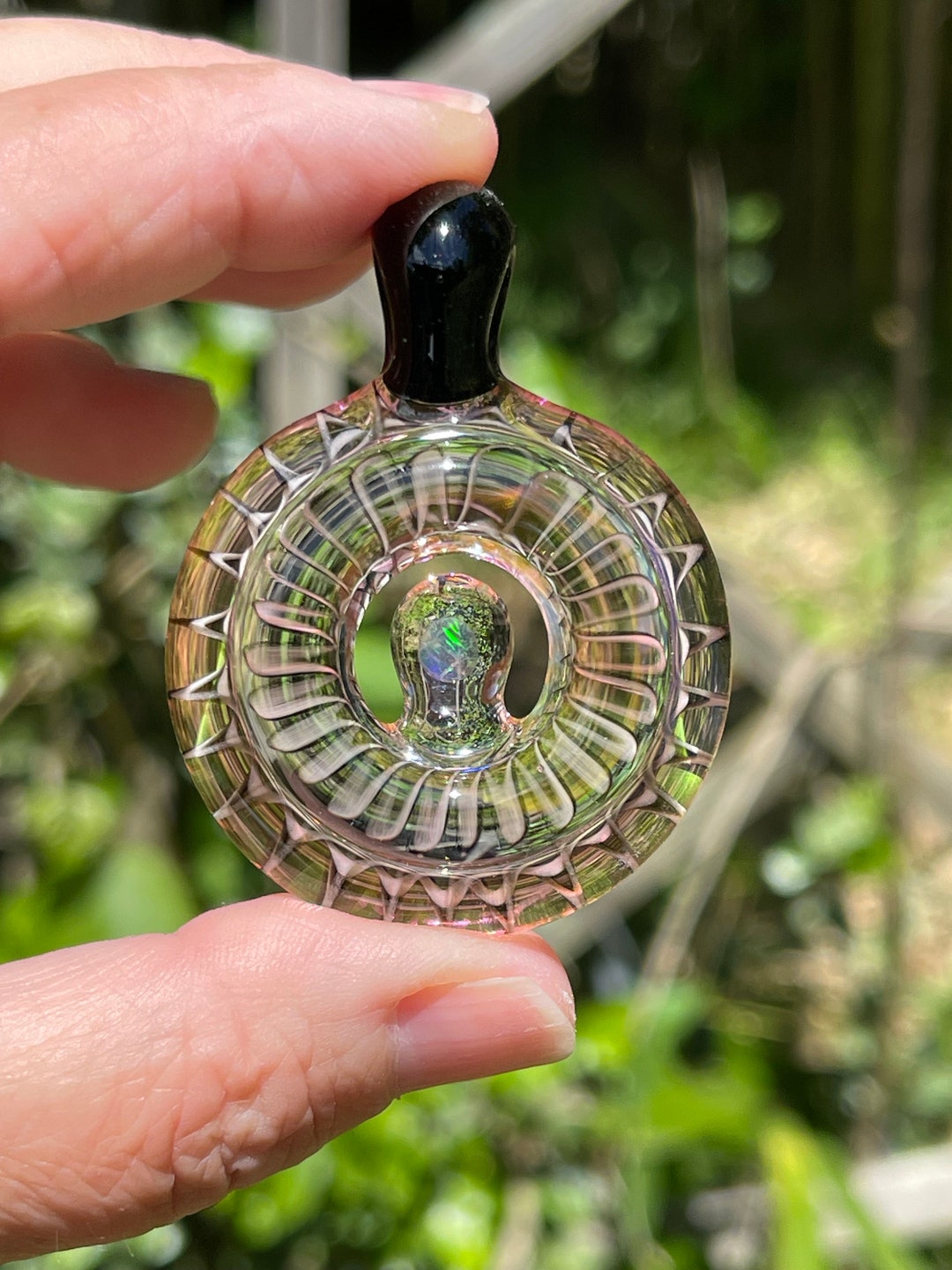 Optical Illusion, Pyrex Glass Necklace With Gilson Opal, Black and ...