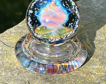 Pyrex Glass Handmade Marble, with stand. Energy Portal with a psychedelic mushroom murrini, uv glass, and Albert Hofmann Bicycle Day murrini