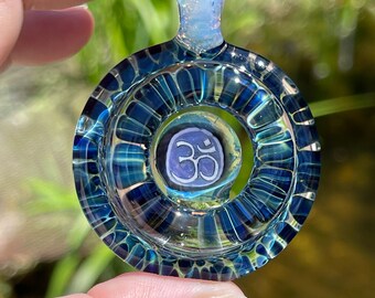 Glass Pendant, Glass Necklace, Om Symbol, Pyrex, Om symbol pendant. All of my pendants come with a necklace and in a drawstring gift bag.