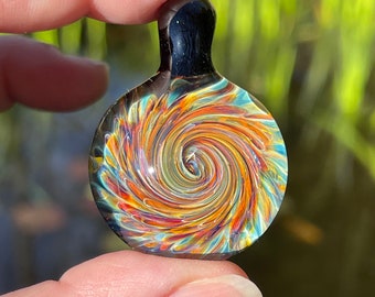 Handmade Pyrex Glass pendant, made in Asheville NC by me. ALL of my pendants come with an 18” black necklace and in a drawstring bag
