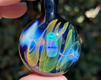 Space Glass Necklace Pendant, with gilson opal centerpiece. Pyrex. All of my pendants come with a necklace and in a drawstring gift bag