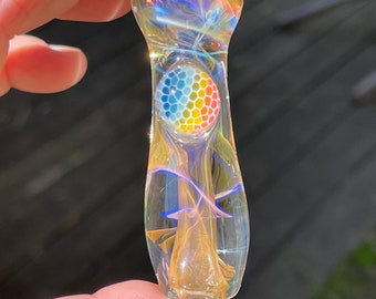 Blown Glass Pipe with rainbow dots murrini. Pyrex. It measures 2 5/8” long and comes in a drawstring gift bag. Read age restrictions!