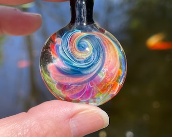 Swirly Handmade Pyrex Glass pendant, made in Asheville NC by me. ALL of my pendants come with an 18” black necklace and in a drawstring bag