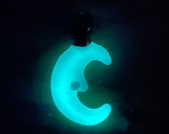 GLOW in the DARK Crescent Moon Glass Necklace Pendant. All of my pendants come with a black cord necklace and in a drawstring gift bag