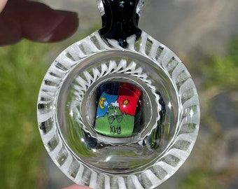 LIMITED EDITION #38 in my Albert Hofmann Bicycle Day blotter art series. Handmade Glass Necklace Pendant, with rare Glow in the Dark glass