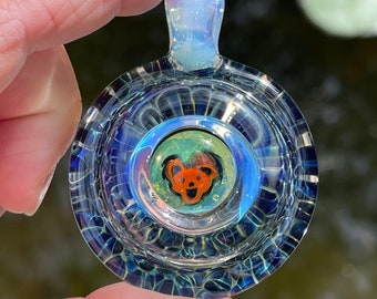 Glass Pendant. Pyrex, Optical Play pendant with Dancing Bear murrini. All of my pendants come with a necklace and in a drawstring gift bag