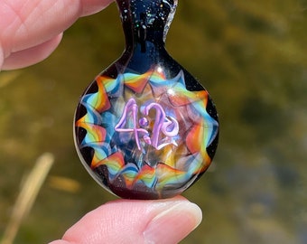 Pyrex Glass Necklace Pendant, 420, Made in Asheville NC. All of my pendants come with a necklace and in a drawstring gift bag.