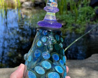Blown Glass, Handmade Pyrex Jar, with glass lid, tons of tiny opals and a hidden smile inside! It seals tightly with a rubber grommet.