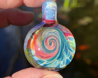 Swirly Handmade Pyrex Glass pendant, made in Asheville NC by me. ALL of my pendants come with an 18” black necklace and in a drawstring bag