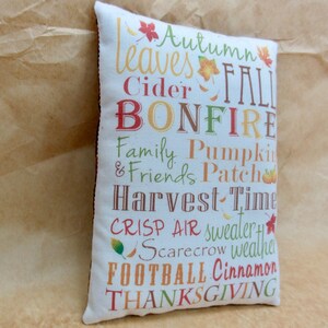 May include: A white pillow with the words "Autumn Leaves Fall Cider Bonfire Family Pumpkin & Friends Patch Harvest Time Crisp Air Sweater Scarecrow Weather Football Cinnamon Thanksgiving" printed in various colors.