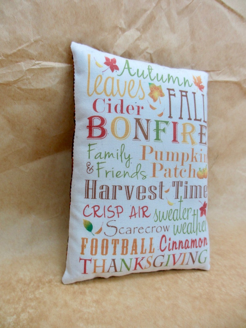 May include: A white pillow with the words "Autumn Leaves Fall Cider Bonfire Family Pumpkin & Friends Patch Harvest Time Crisp Air Sweater Scarecrow Weather Football Cinnamon Thanksgiving" printed in various colors.