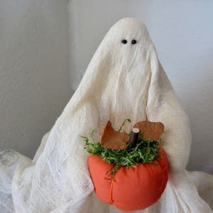 May include: A white fabric ghost figurine with two small black bead eyes. The ghost is draped in a textured, off-white cheesecloth-like material and is holding a small, round, orange fabric pumpkin topped with green moss and brown leaves.