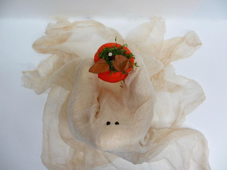 May include: A ghost figure crafted from beige cheesecloth fabric featuring two small black bead eyes. The ghost holds a bright orange pumpkin topper decorated with green moss and two brown dried leaves on its head, creating a seasonal display.