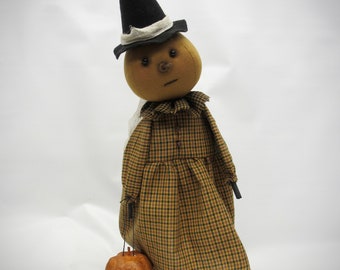 Primitive halloween pumpkin witch art doll | hostess gift | fabric halloween enchanter decoration | | rustic halloween decor