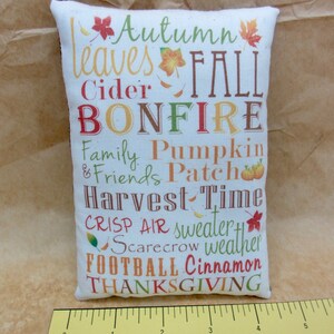 May include: A white pillow with the words "Autumn Leaves Fall Cider Bonfire Family Pumpkin & Friends Patch Harvest Time Crisp Air sweater Scarecrow weather Football Cinnamon Thanksgiving" printed in various colors.