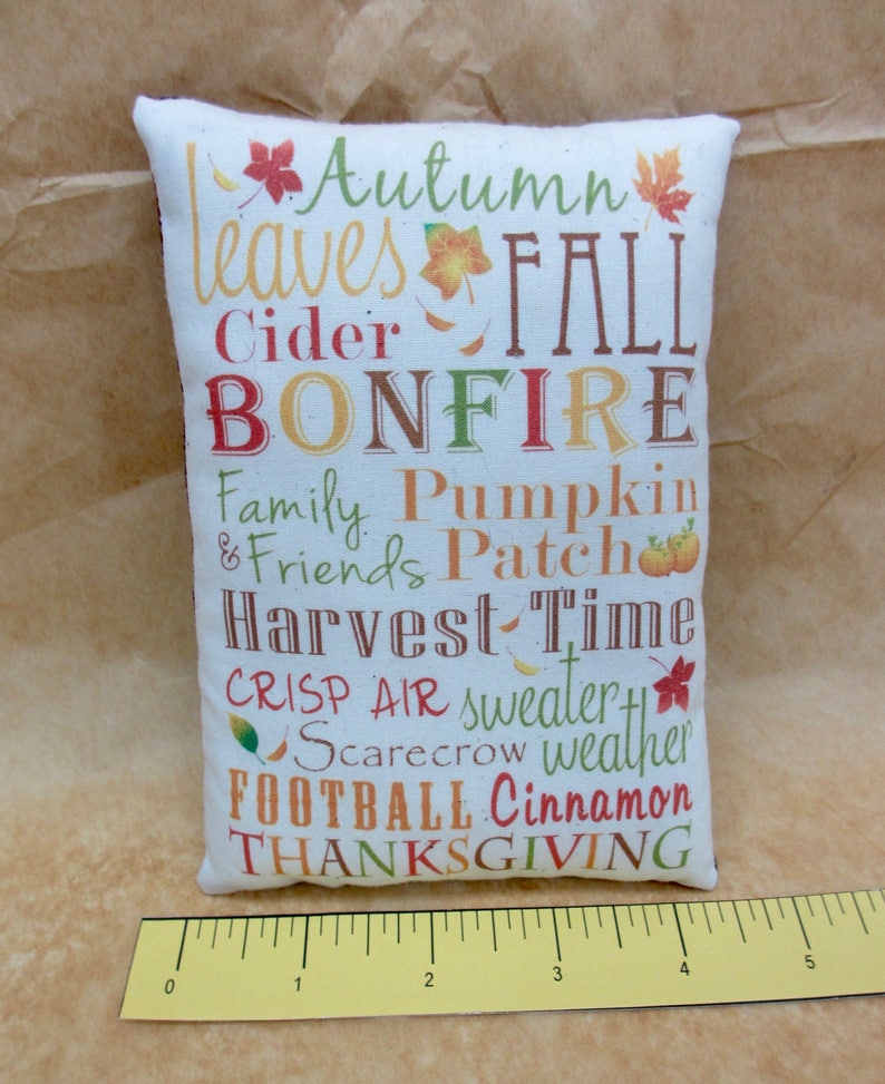 May include: A white pillow with the words "Autumn Leaves Fall Cider Bonfire Family Pumpkin & Friends Patch Harvest Time Crisp Air sweater Scarecrow weather Football Cinnamon Thanksgiving" printed in various colors.