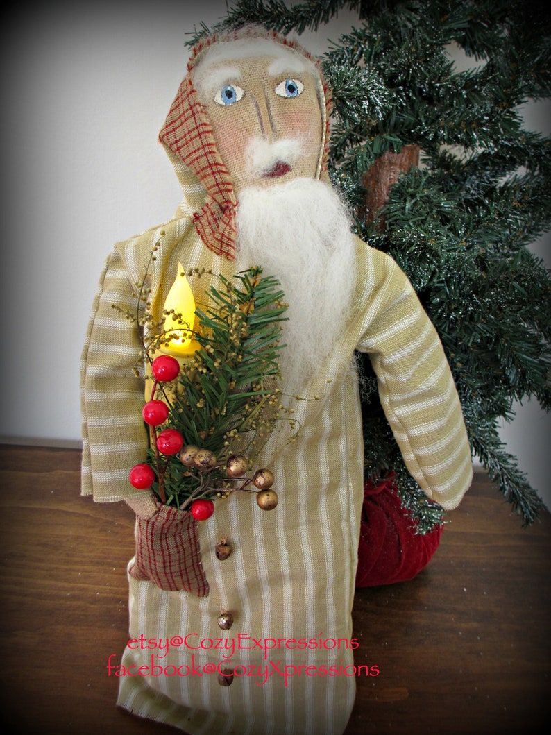 Primitive Santa Handmade Santa Santa doll Primitive Country Santa Primitive country Christmas decor Primitive country decor Tan on Tan Stripe