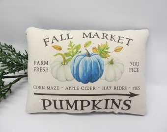 Fall Market Blue pumpkin mini pillow | shelf sitter | farmhouse pillow decor | country pillow | tiered tray accessory | autumn bowl filler