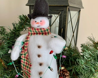 Christmas Snowman with string lights | cute holiday snowman | country decorations | Xmas plush figurines | primitive home decor | whimsical