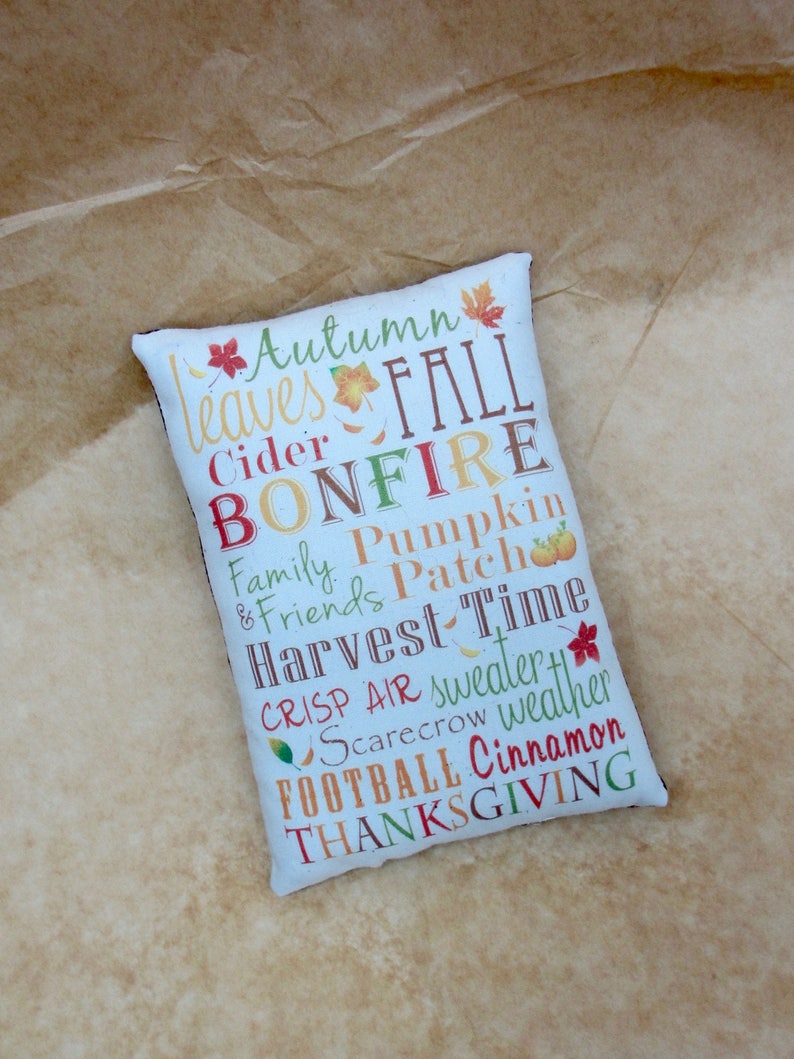 May include: White pillow with a brown border and a colorful design featuring the words "Autumn leaves Fall Cider Bonfire Family & Friends Pumpkin Patch Harvest Time Crisp Air sweater Scarecrow weather Football Cinnamon Thanksgiving".