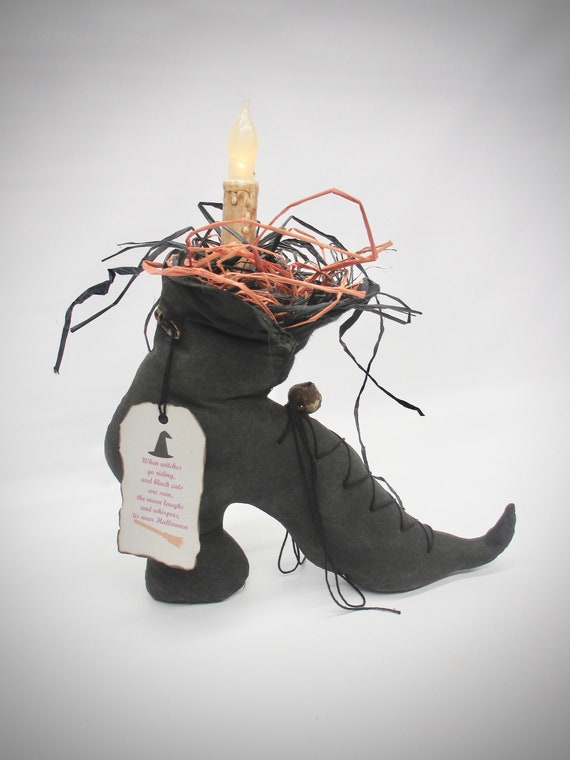 Lighted Primitive Halloween Witch Boot | Eerie Fall Decor | All Hallows Eve decoration | Free Standing Witch Shoe