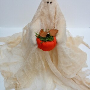 May include: A decorative ghost figurine draped in off-white, semi-sheer cheesecloth fabric. The ghost has two small black bead eyes and holds a bright orange fabric pumpkin topped with green moss and two brown felt leaves in its center.