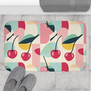 Cherry Bath Mat - Retro Geometric Pattern, Bathroom Rug, Shower Mat, Home Decor, Housewarming Gift