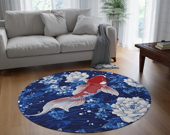 Japanese Koi Round Rug, Blue Red Circular Carpet