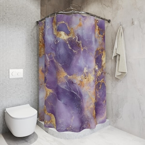 Marble Purple and Gold Shower Curtain, Colorful Bathroom Decor, Trendy Pattern, Unique Home Accessories, Stylish Shower Curtain