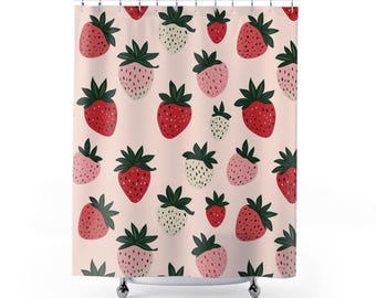 Strawberry Shower Curtain - Farmhouse Bathroom Decor, Girls Berry Bathroom, Pink Bathroom Decor