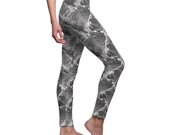 Calças legging femininas com estampa de mármore cinza escuro, ideais para ioga.