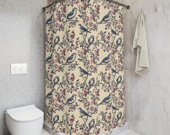 Vintage Style Birds Shower Curtain, Floral Bathroom Decor, Bird Print Bath Curtain, Shower Gift, Unique Home Accessories
