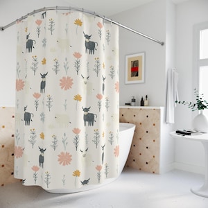Boho Highland Cows Shower Curtain, Pastel Farm Bathroom Decor, Unique Country Home Accessories, Nature House Interior, Kids Bath Curtain