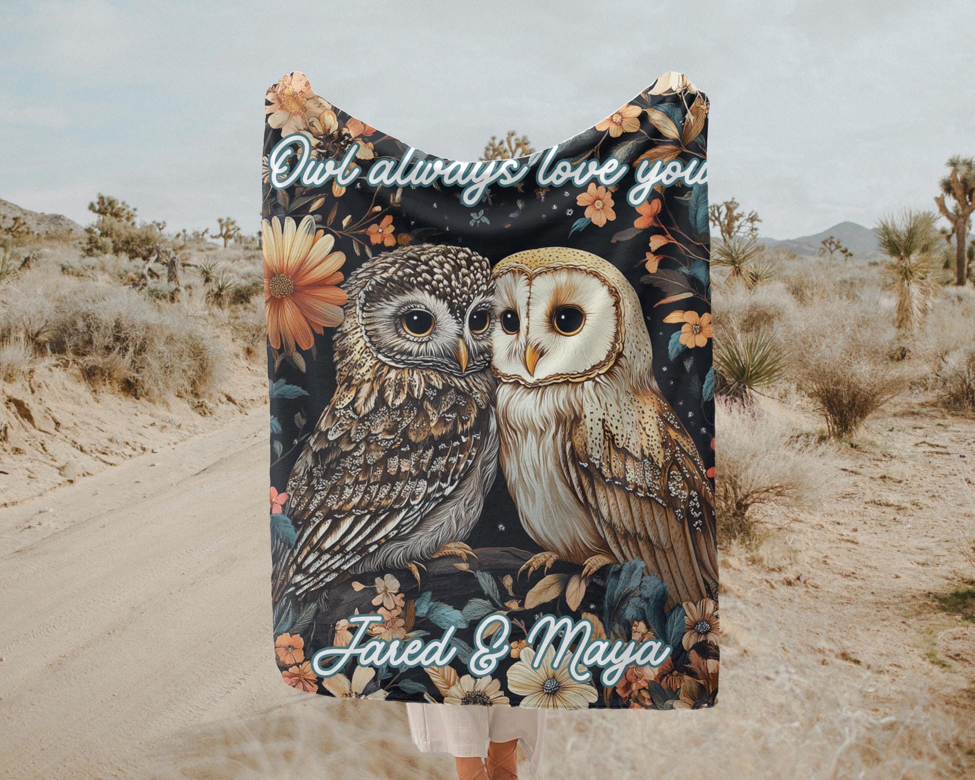 Personalized Owl Velveteen Plush Blanket, Valentines Anniversary Day Gift, Whimsical Owls, Gift Idea