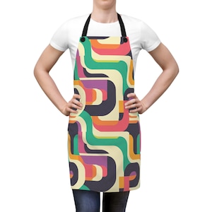 Schort met retro lijnen, keukenschort met pop-artpatroon, cadeau voor kok of kunstenaar, schort voor kunststudio, ontwerpschort met kleurrijke lijnen