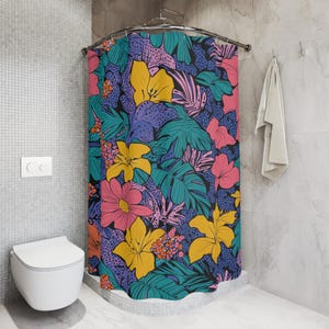 80&#39;s Floral Shower Curtain, Colorful Bathroom Decor, Trendy Pattern, Unique Home Accessories, Stylish Shower Curtain