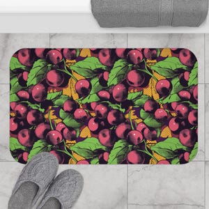 Cherries Bath Mat, Colorful Trendy Bathroom Rug, Bright Design Shower Mat, Fun Cherry Decorative Floor Mat, Vibrant Cherries