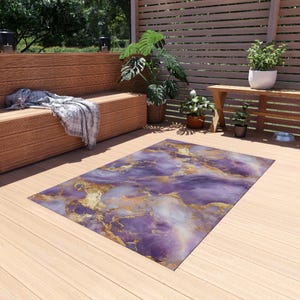 Purple and Gold Marble Outdoor Rug, Modern Home Decor, Patio Decor, Garden Rug, Outdoor Area Rug, Porch Rug