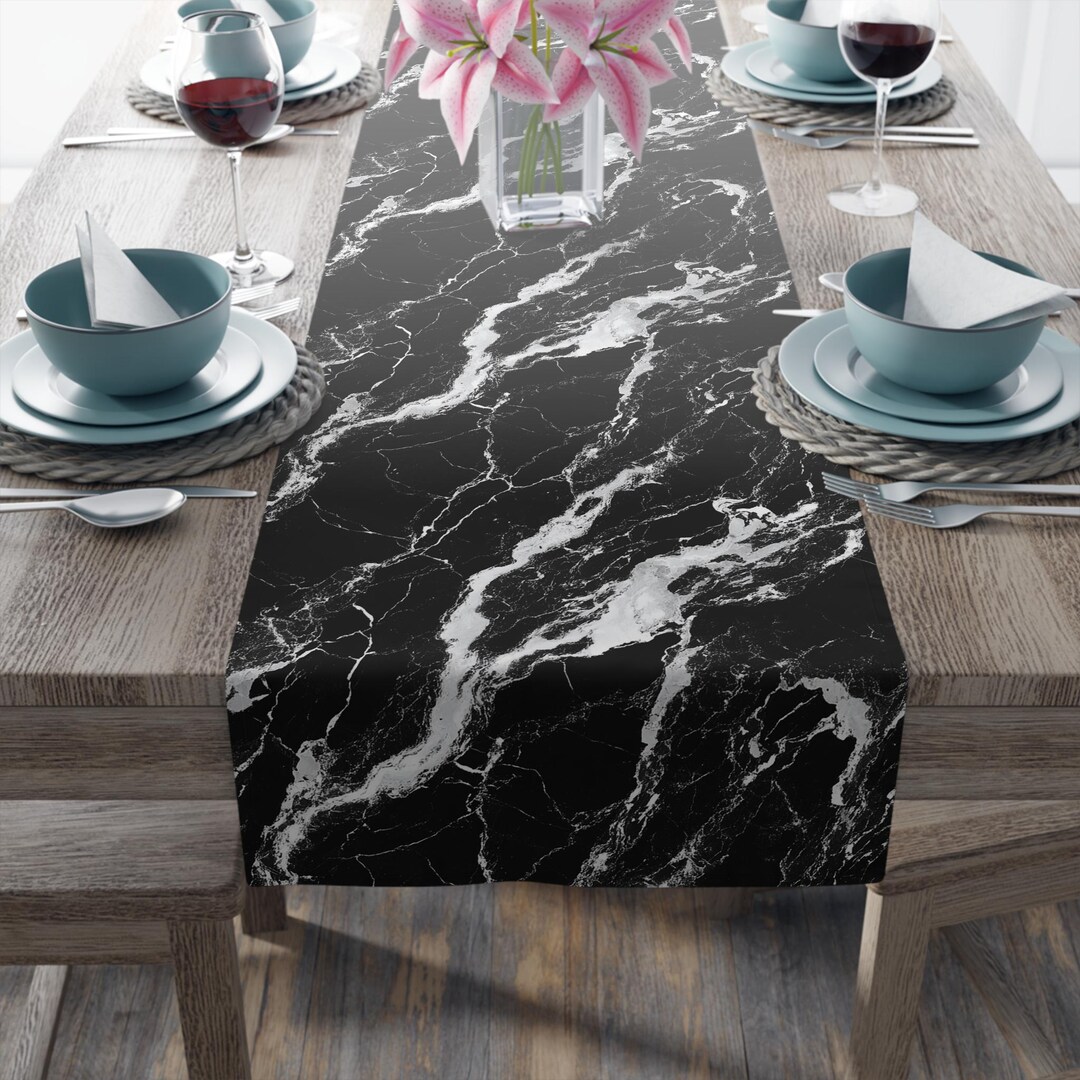 Black and White Marble Pattern Table Runner, Luxury Kitchen Decor ...