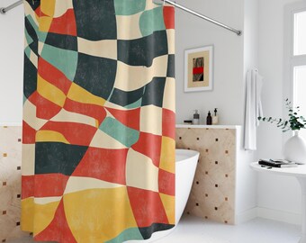 Checkered Wavy Shower Curtain, Bathroom Decor