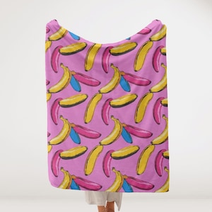 Couverture en velours banane pop art, jeté de fruits colorés rétro, jeté en polaire vibrante, décor de fruits unique, cadeau banane rigolo