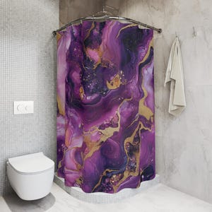Marble Purple Shower Curtain, Pink and Purple Bathroom Decor, Crystal Jewel Bath Accessories, Gold Accent Shower Curtain