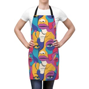 ポップアートの顔のエプロン、レトロパターンの料理用エプロン、料理人やアーティストへのギフト、アートスタジオのエプロン、カラフルな顔のデザインのエプロン