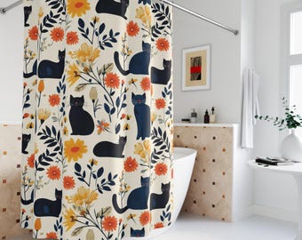 Mid Century Modern Cats Shower Curtain - Floral Bathroom Decor, Bathroom Home Accessories, Funky Bath Curtain, Gift for Cat Lovers