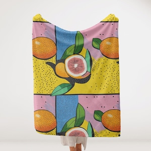 Citrus Fruit Pop Art Velveteen Blanket Pattern, Retro Colorful Throw, Cozy Fruit Print Bedding, Funky Orange Lemon Lime