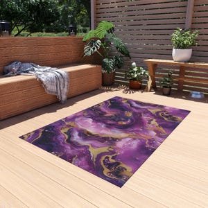 Purple, Pink, Gold Marble Outdoor Rug, Modern Home Decor, Patio Decor, Garden Rug, Outdoor Area Rug, Porch Rug