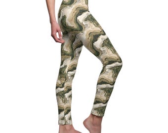 Leggings marbré vert olive crème et beige, pantalon de yoga